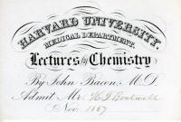 Harvard Univ. Medical Dept., chemistry lecture card, c. 1867